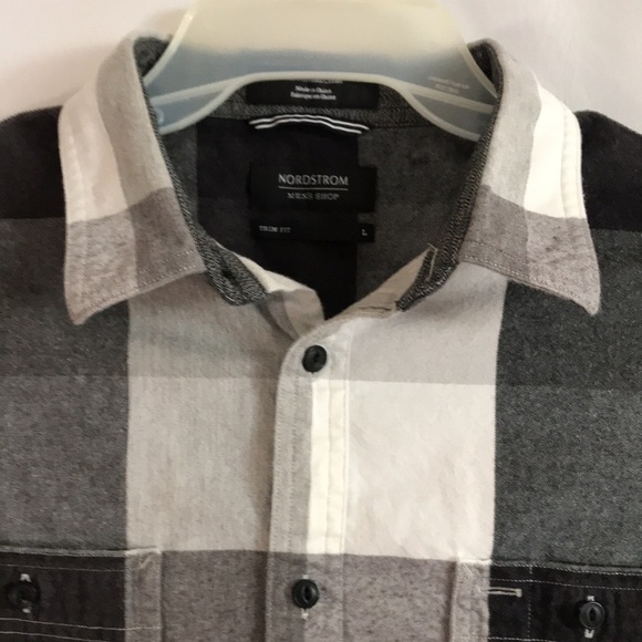 Nordstrom gray & white cotton checkered long sleeves button up shirt trim fit L - Picture 2 of 12